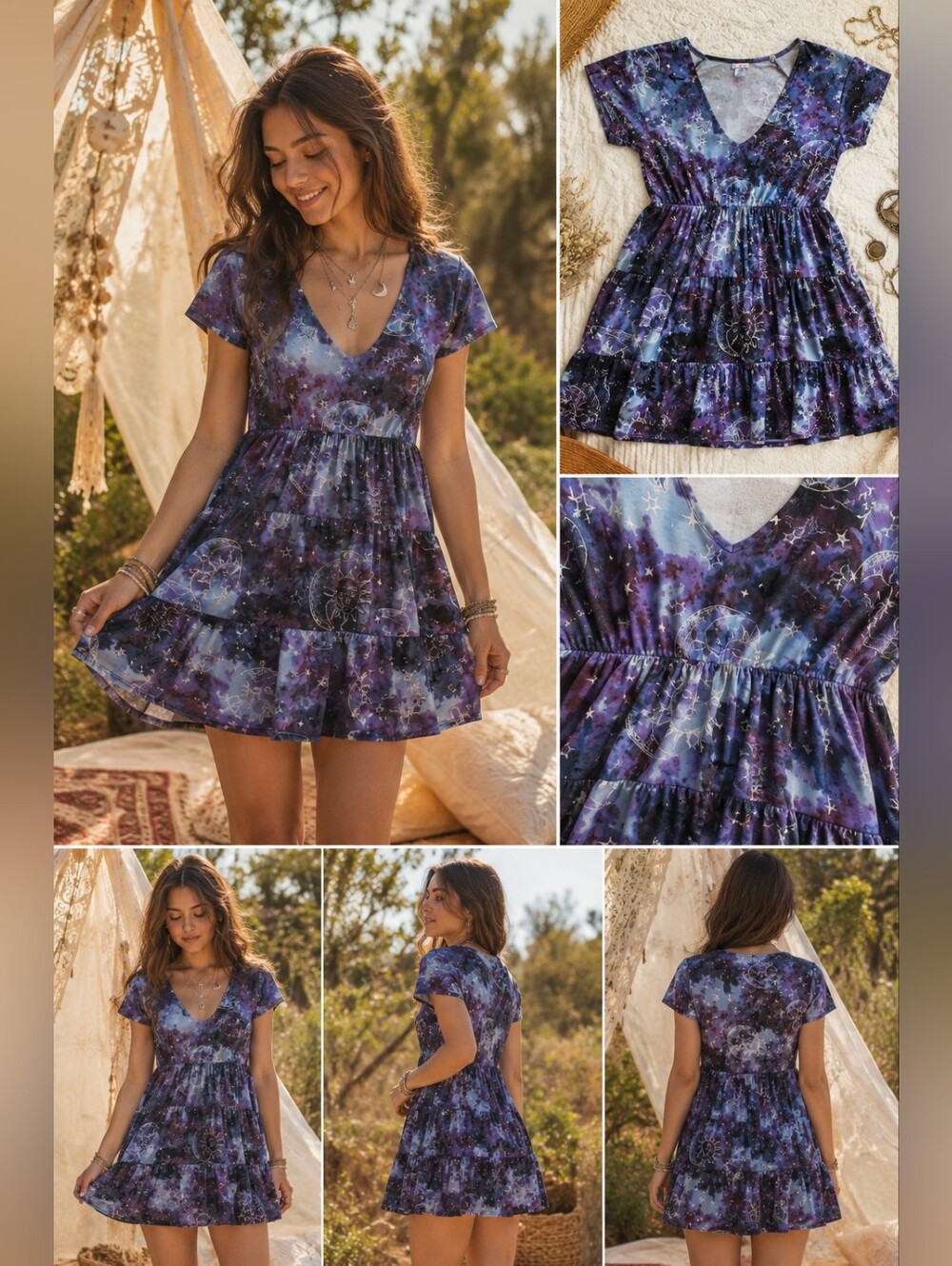 No Boundaries Celestial Sun Moon Stars Dress Juniors S 3/5 Purple Tiered